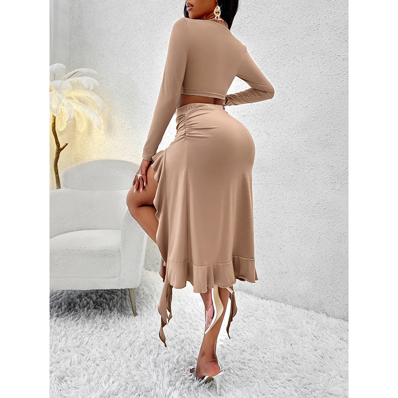 Women Summer Two-Piece Dress Long Sleeve Square Neck Cropped Top