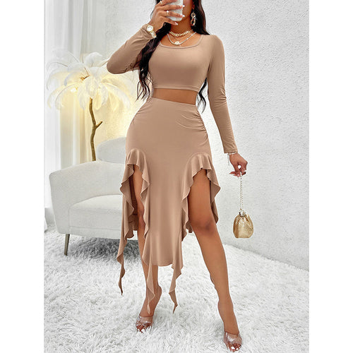 Women Summer Two-Piece Dress Long Sleeve Square Neck Cropped Top