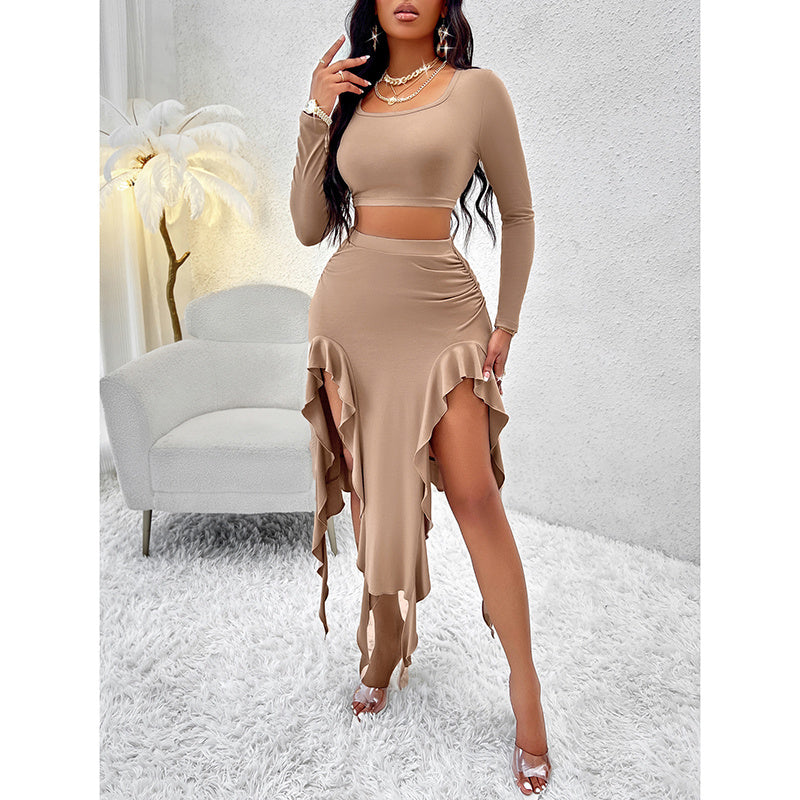 Women Summer Two-Piece Dress Long Sleeve Square Neck Cropped Top