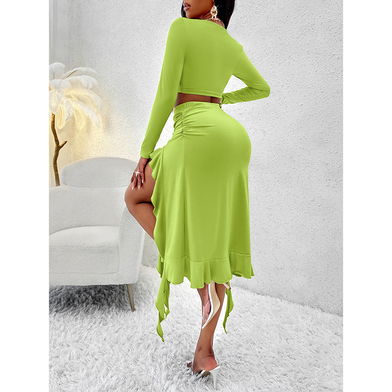 Women Summer Two-Piece Dress Long Sleeve Square Neck Cropped Top