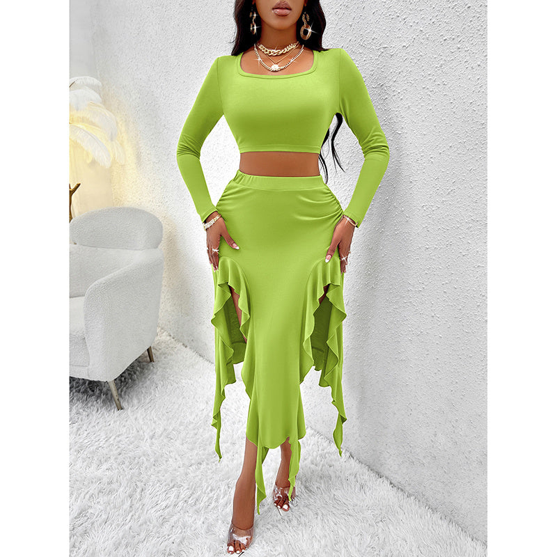 Women Summer Two-Piece Dress Long Sleeve Square Neck Cropped Top