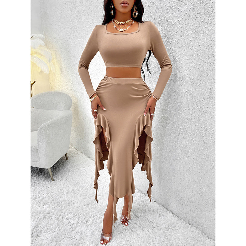 Women Summer Two-Piece Dress Long Sleeve Square Neck Cropped Top