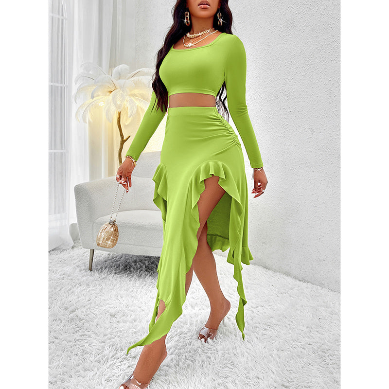 Women Summer Two-Piece Dress Long Sleeve Square Neck Cropped Top