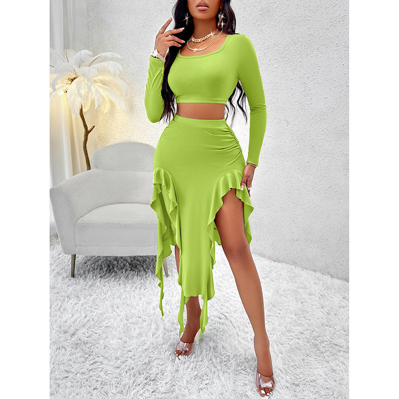 Women Summer Two-Piece Dress Long Sleeve Square Neck Cropped Top