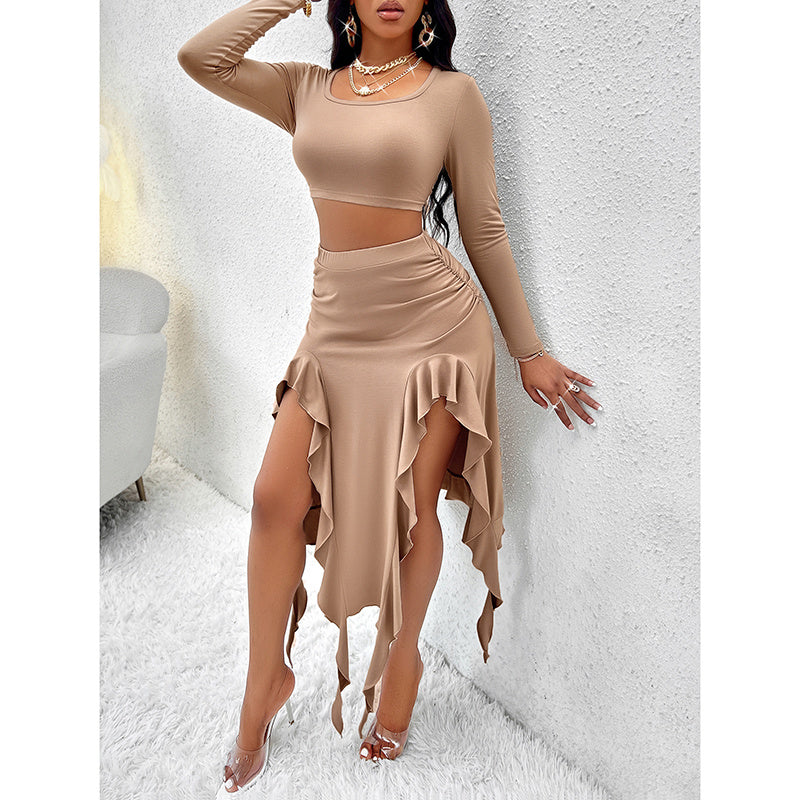 Women Summer Two-Piece Dress Long Sleeve Square Neck Cropped Top