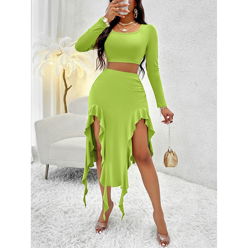 Women Summer Two-Piece Dress Long Sleeve Square Neck Cropped Top