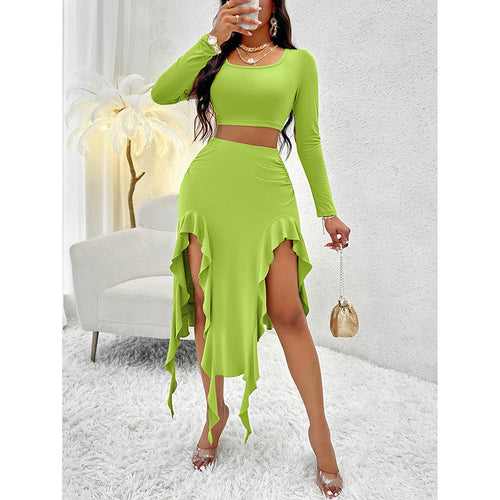 Women Summer Two-Piece Dress Long Sleeve Square Neck Cropped Top